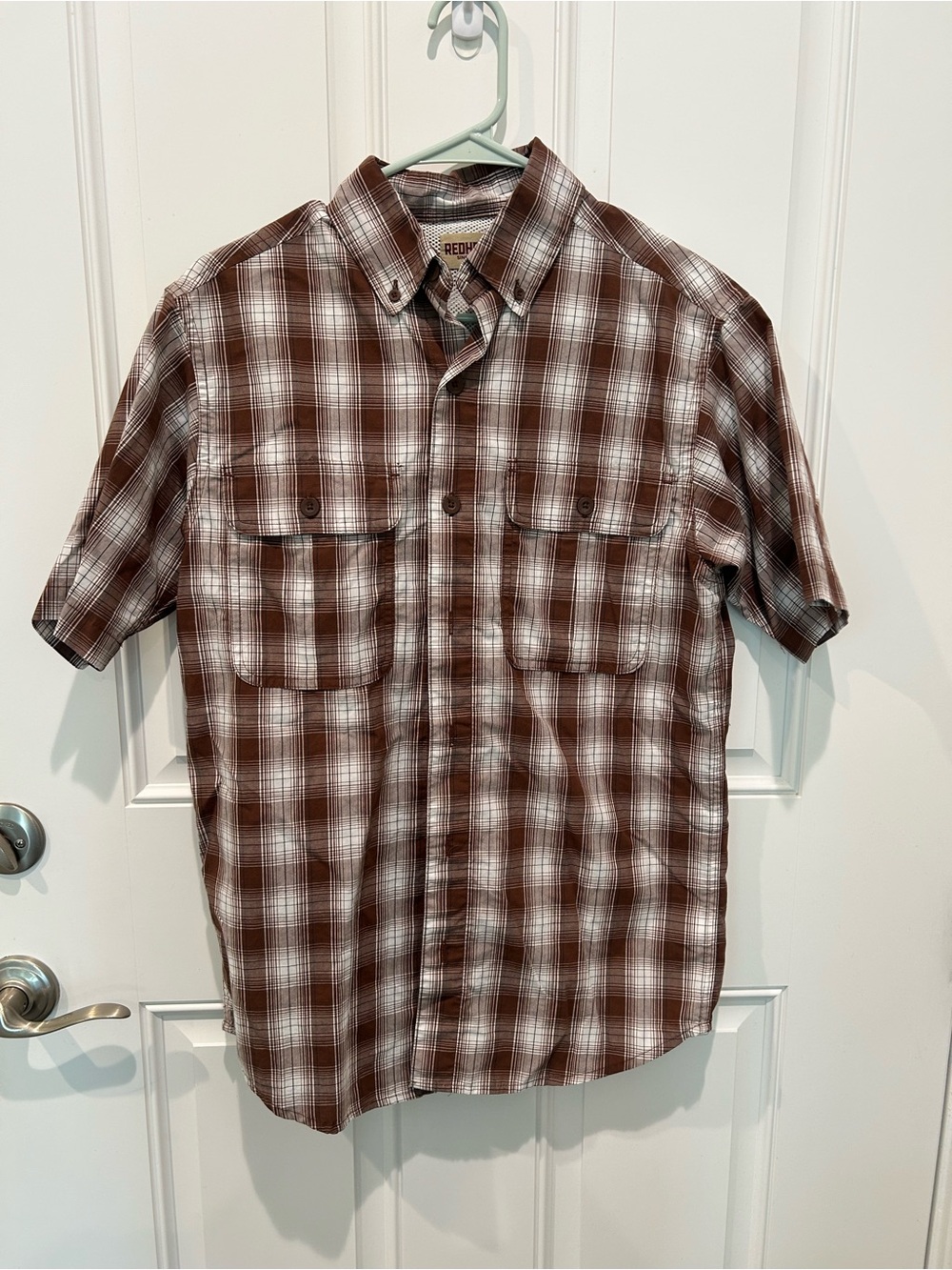 RedHead Brown and White Plaid Short-Sleeve Button-Down Shirt